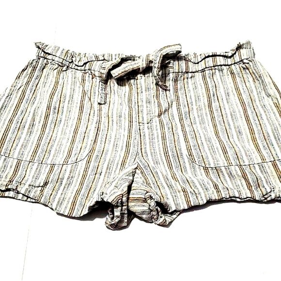 Calvin Klein Earthy Tones Striped Flowy Boho Linen Blend Paperbag Shorts - Picture 1 of 6